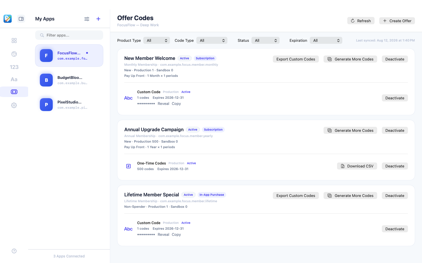 GoodPriceMatrix offer code overview with generation and CSV download actions